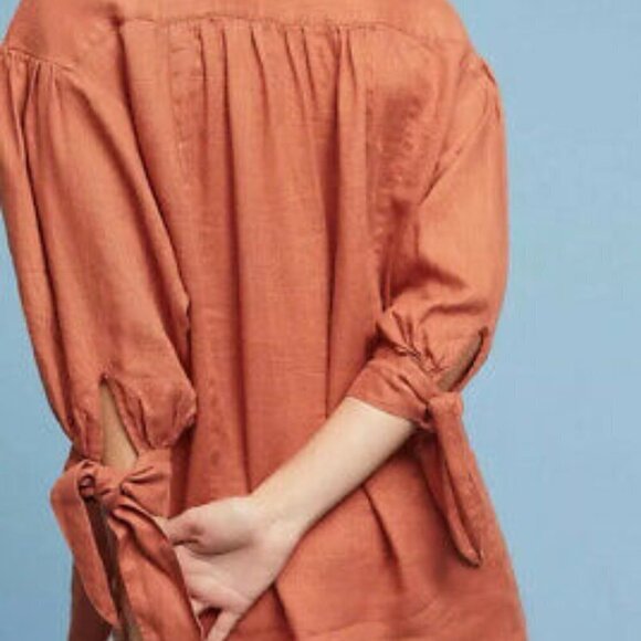 ANTHROPOLOGIE HOLDING HORSES Ginnie Tie Sleeve Linen Tunic Orange V Neck Size S - Picture 2 of 16